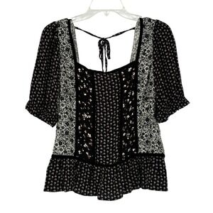 Romantic Black Floral Square Neck Peplum Blouse Womens L Cottagecore Top
